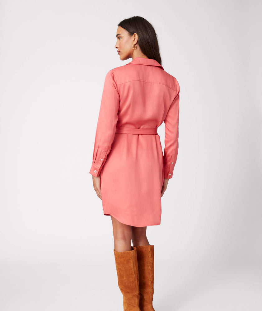 Model is wearing UNTUCKit Felicity dress in pink.